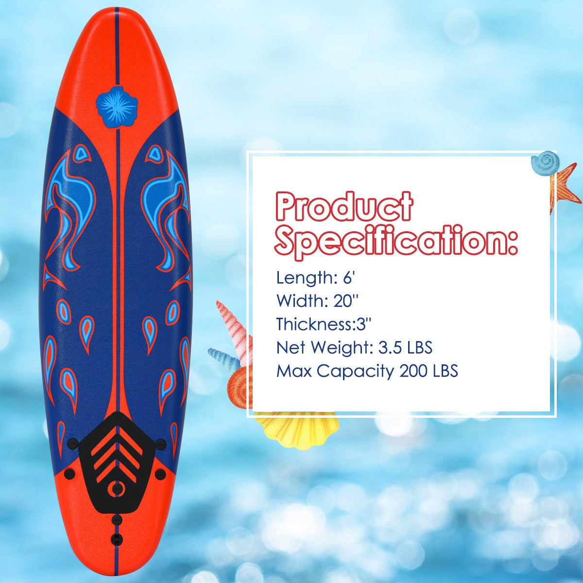 Foam Surfboard 6ft Beginner Surfboard EPE Deck EPS Core 3 Detachable Fins Safety Leash 200lbs for Kids Adults Ocean Beach River Pool Yellow