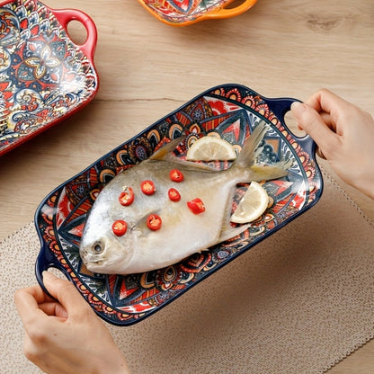 Ceramic Serving Platter Set of 4, Bohemian Rectangular Fish Dish with Double Handles, Baking Tray for Sushi Pasta Desserts Salads Fruits