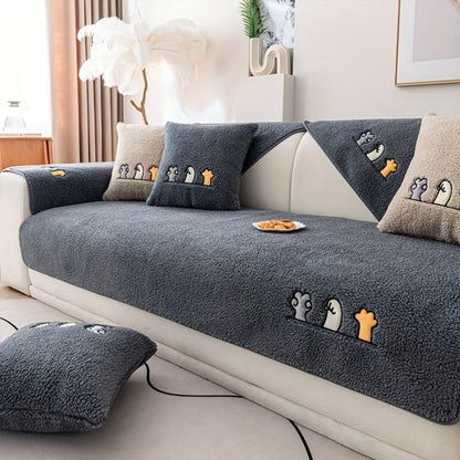 Sofa Cover Thick Plush Shearling Panels with Animal and Bone Embroidery and Backing Detail for 2 to 4 Seats