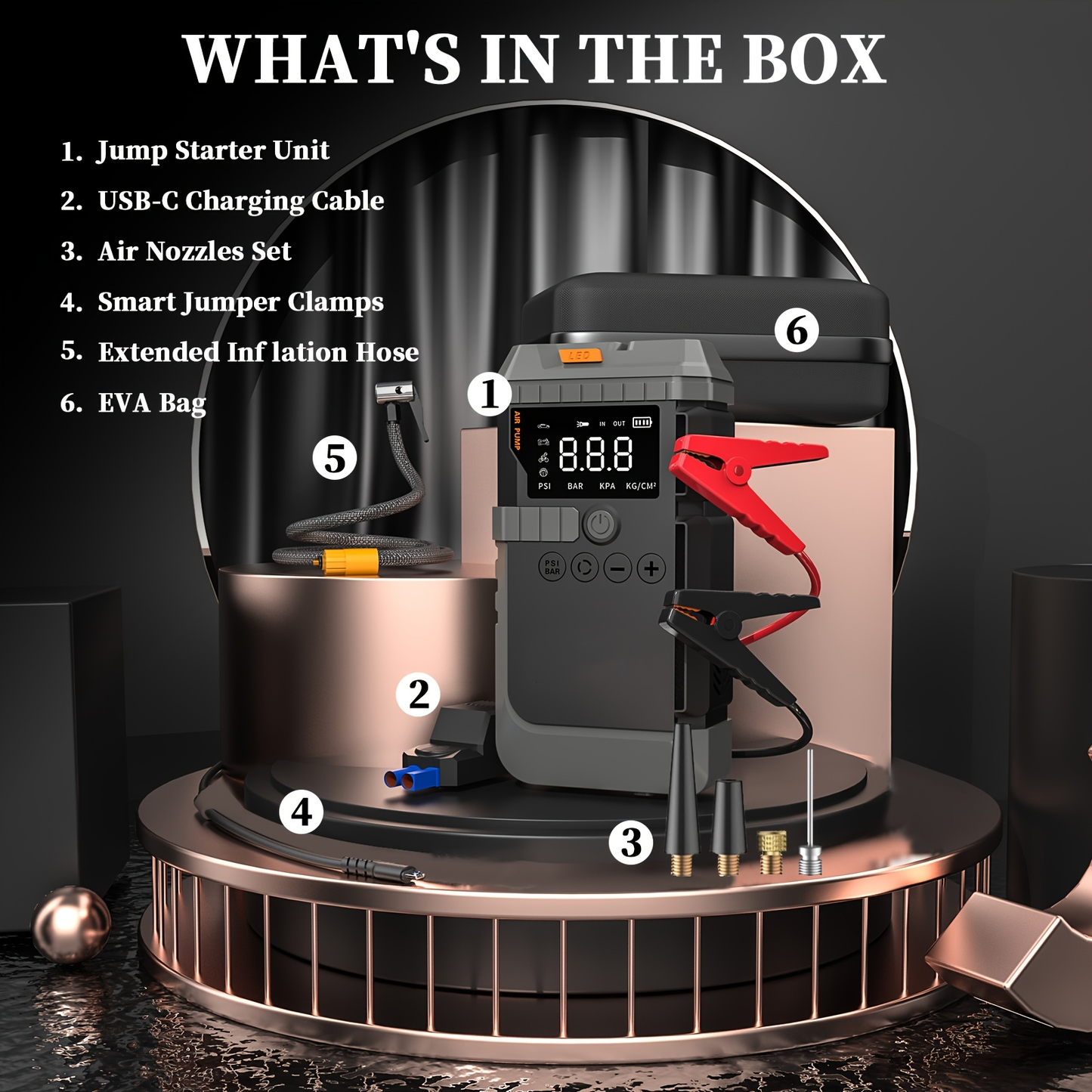 Jump Starter Power Bank 10000A 4-in-1 with 150 PSI Air Compressor LED Emergency Light USB Charging for Garden, Patio and Yard Use