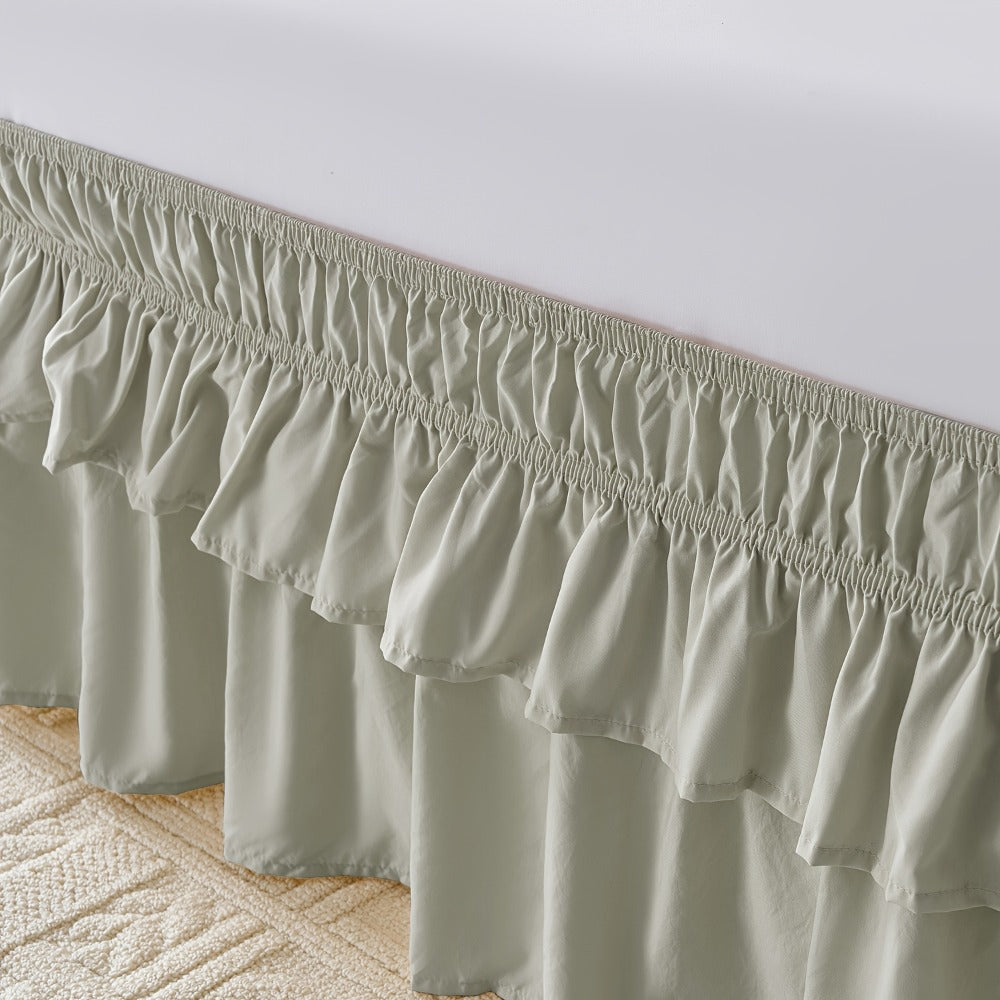 Double Ruffle Bed Skirt 16" Drop, Elastic Wrap Around Dust Ruffle for Twin Full Queen King Bed, Easy Install Linen Poly Blend Bedskirt
