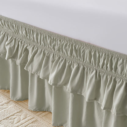 Double Ruffle Bed Skirt 16" Drop, Elastic Wrap Around Dust Ruffle for Twin Full Queen King Bed, Easy Install Linen Poly Blend Bedskirt
