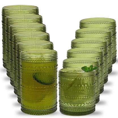 Hobnail Drinking Glasses Set 12pcs, 12oz Highball & 10oz Cocktail Vintage Embossed Boho Glassware for Beer