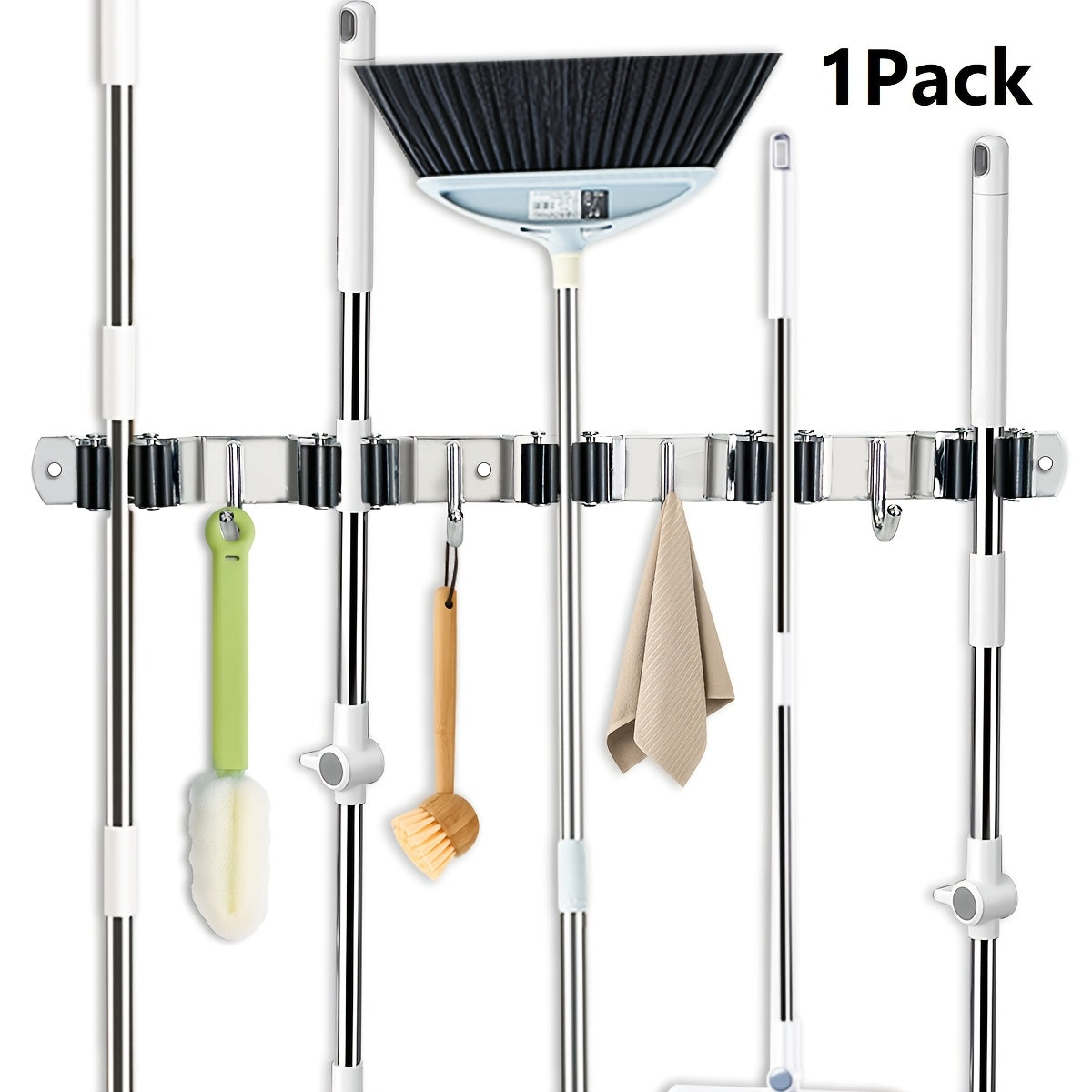 Mop and Broom Holder Wall Mount, Stainless Steel Self Adhesive Rack with 5 Slots & 4 Hooks