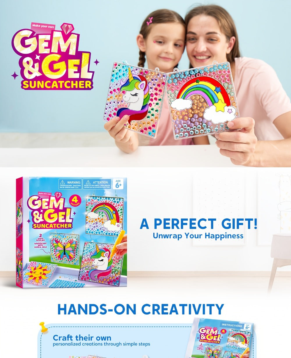 Suncatcher Painting Kit 4pcs for Kids, 2-in-1 Window Art with Gem Stickers & Paint Pens, Butterfly Unicorn Rainbow Sun Designs