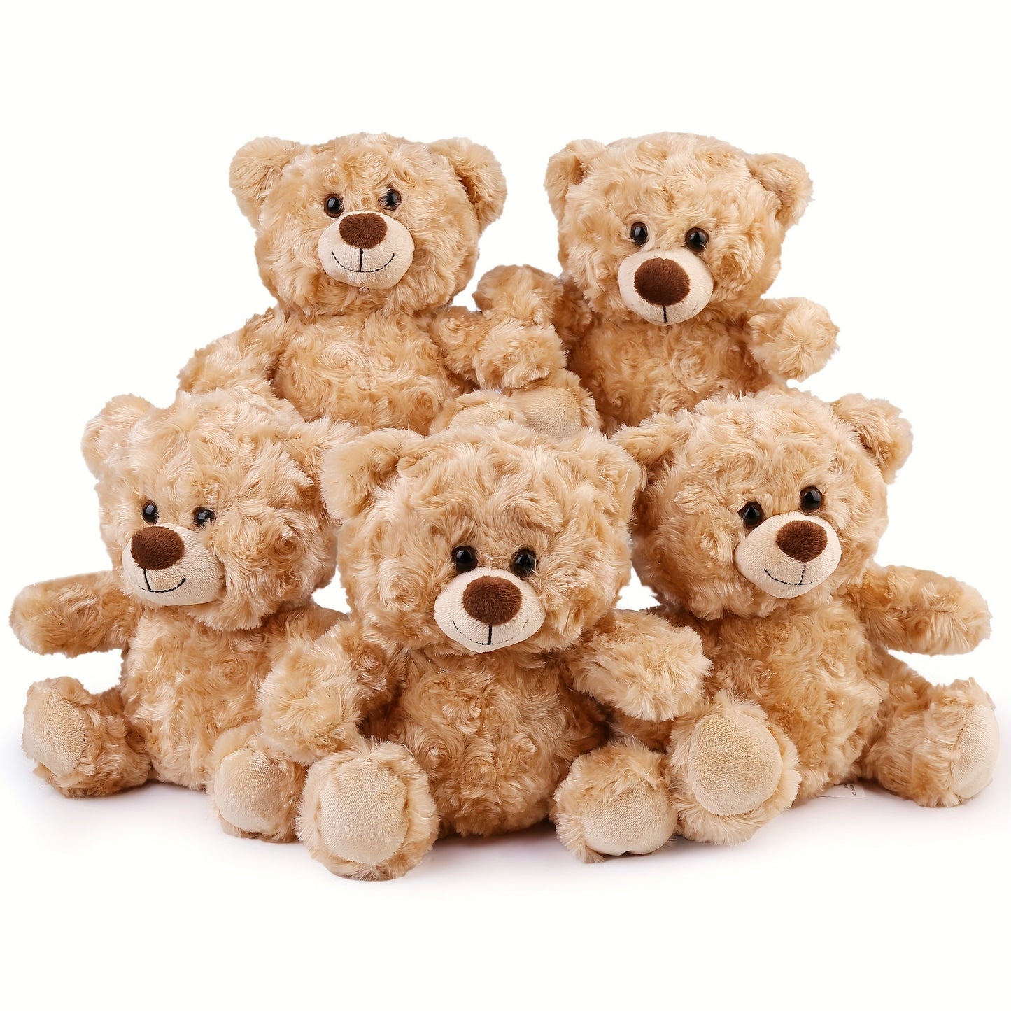 Five-Piece 8-Inch Shaggy Teddy Bear Set with Beige Plush Finish for Party Favors and Gift Bags