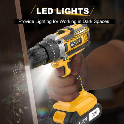 20V Cordless Drill Set Impact Power Drill 3/8 Inch Keyless Chuck 18+3 Clutch 45Nm Max Torque for Entryways, Bedrooms and Living Spaces