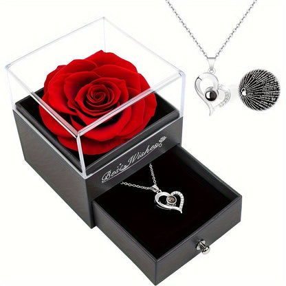 Preserved Real Rose Gift Box with I Love You in 100 Languages Necklace, Romantic Gifts for Girlfriend Wife Mom
