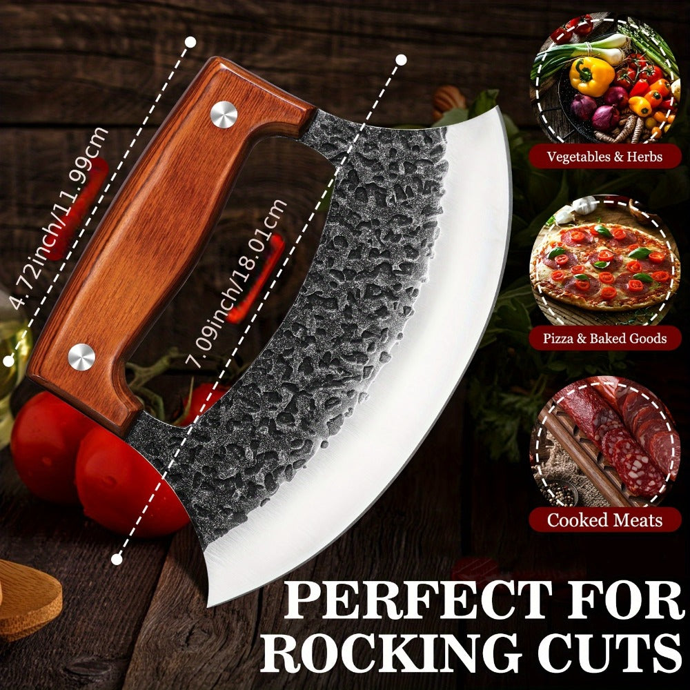 Hand-Forged Ulu Knife Rocker Blade High Carbon Steel Full Tang Rosewood Handle with Leather Sheath & Gift Box