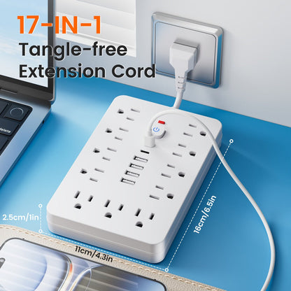 Power Strip with 11 AC Outlets, 4 USB-A, 2 USB-C and Short, 5-Foot or 10-Foot Standard or Braided Cord