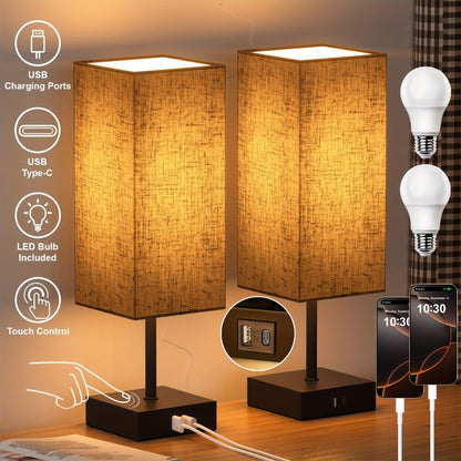 Bedside Lamps Set of 2 3-Way Dimmable Touch Nightstand Lamp USB-C A Charging Port LED Bulb for Entryways, Bedrooms and Living Spaces