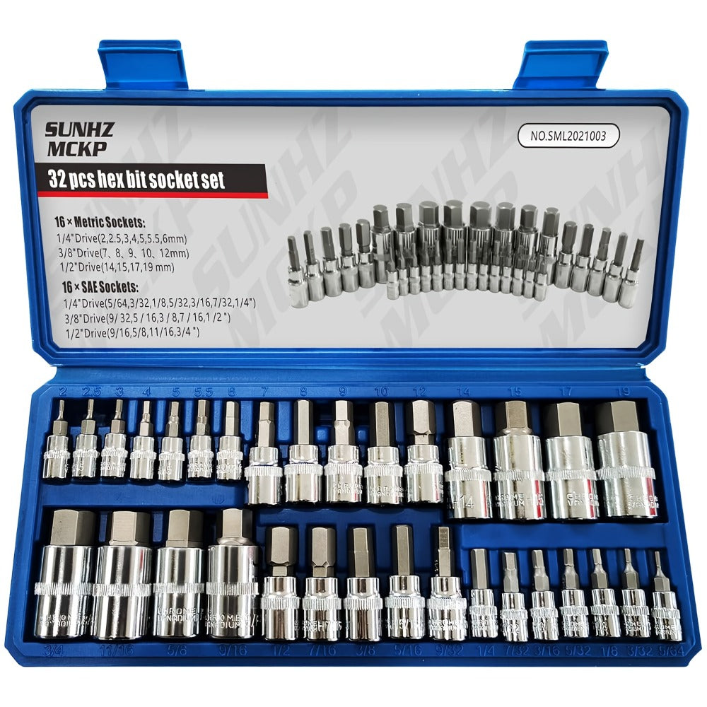 Allen Hex Bit Socket Set 32-Piece – 1/4" 3/8" 1/2" Drive SAE & Metric S2 Steel Hex Key Sockets with Organized Storage Case for Home