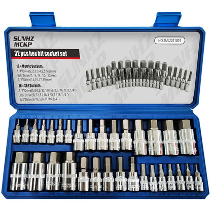 Allen Hex Bit Socket Set 32-Piece – 1/4" 3/8" 1/2" Drive SAE & Metric S2 Steel Hex Key Sockets with Organized Storage Case for Home
