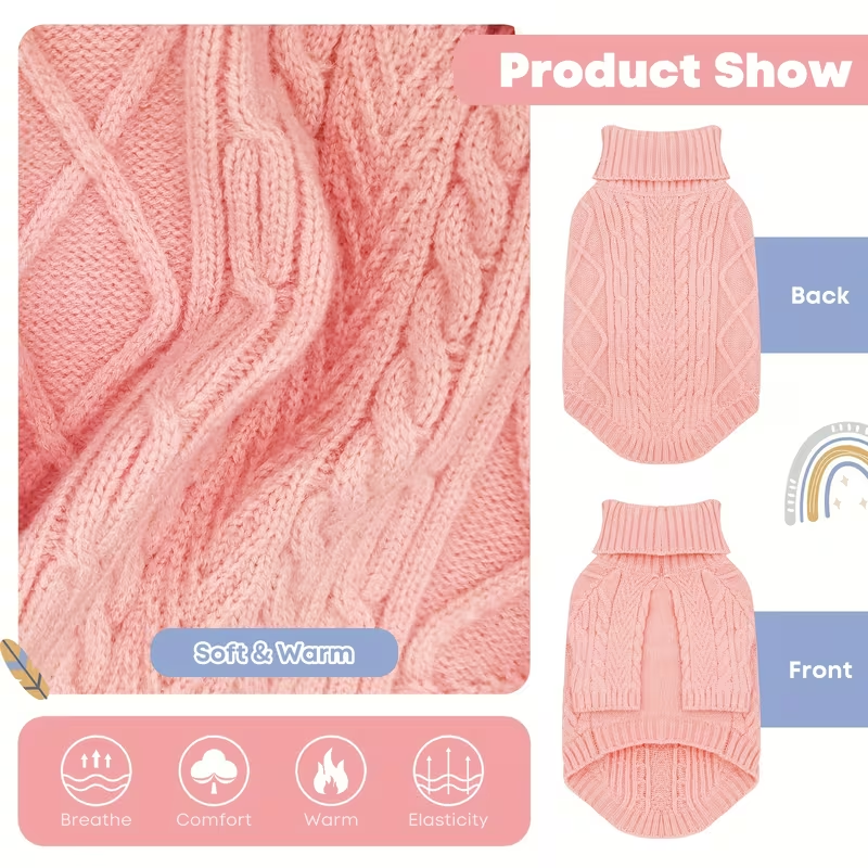 Dog Sweater Turtleneck Warm Knit Pullover with Soft Long Sleeves for Small Medium Breeds, All-Season Machine Washable Pet Sweater