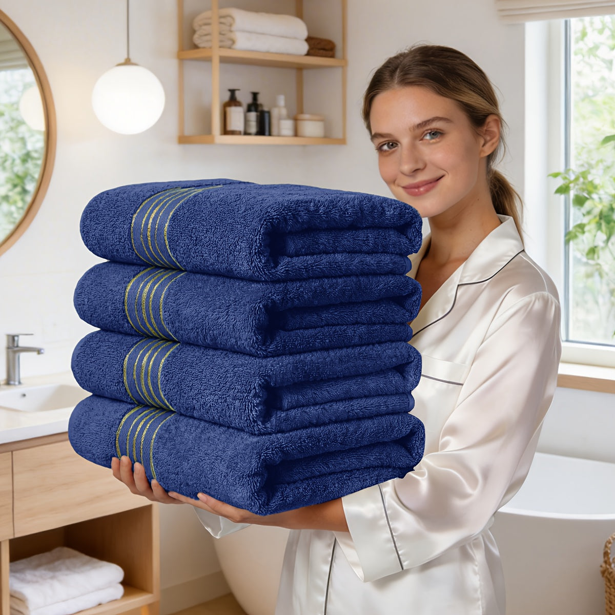 Bath Towels Set 4-Pack 620GSM Bamboo Cotton Blend in Pink, Navy, Gray, Blue or Purple for Home and Guest Use
