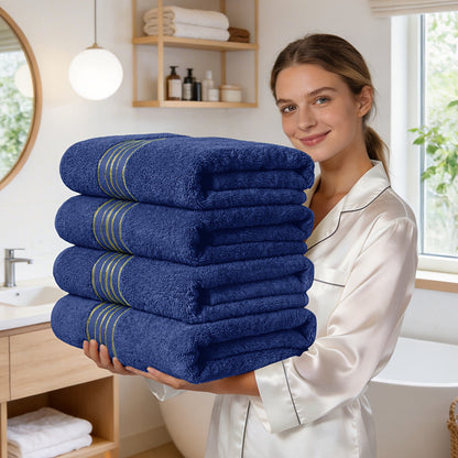 Bath Towels Set 4-Pack 620GSM Bamboo Cotton Blend in Pink, Navy, Gray, Blue or Purple for Home and Guest Use