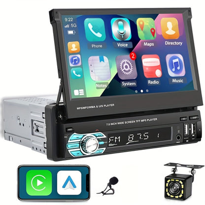 Single Din Car Stereo 7 Inch Flip Out Touchscreen – Wireless CarPlay & Android Auto, 1080P HD, FM Radio, SWC, Voice Control, USB/Type-C/AUX
