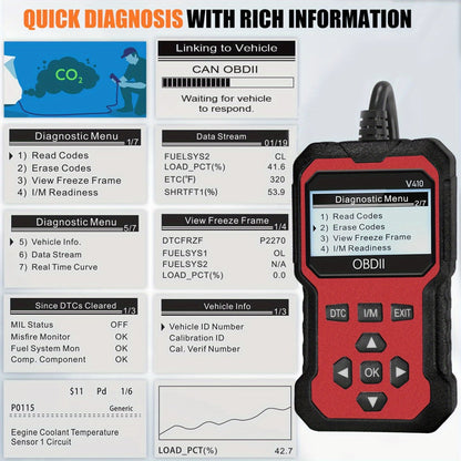 Color-Screen OBD2 Scanner with Read, Erase, Freeze-Frame and I/M Menus in Red, Yellow or Blue