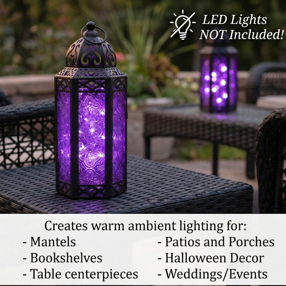 Moroccan Candle Lantern Holder - Decorative Metal & Glass Lantern with Embossed Floral Design for Indoor Home Decor