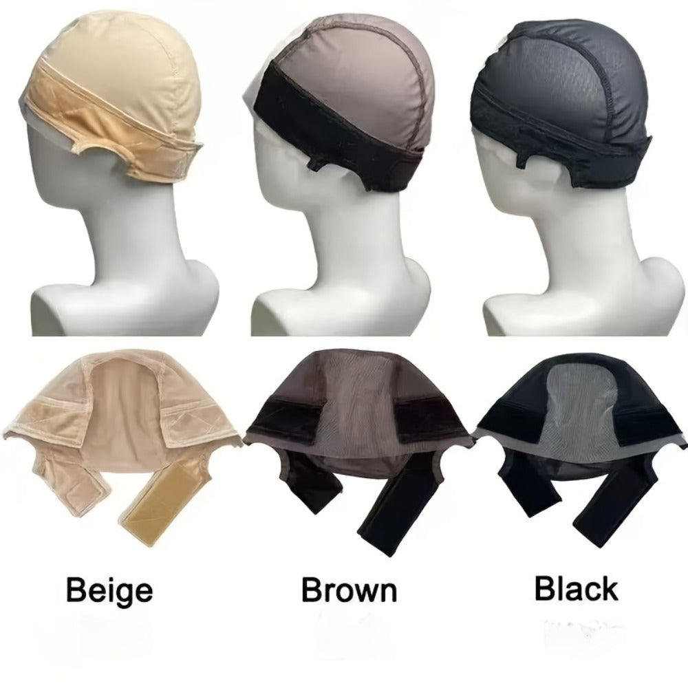 Wide Lace Wig Grip Caps, Two-Piece Set with Ear Cutouts and Adjustable Straps in Brown, Black or Beige