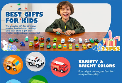 25PCS Pull Back Cars & Trucks Toy Vehicle Set for Kids, Fire Truck, Police Car, School Bus & More