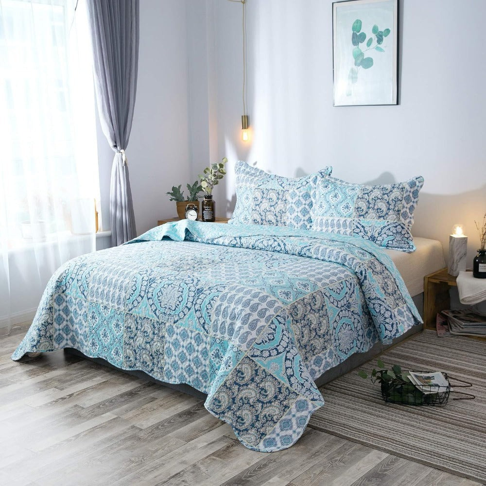 Floral Quilt Set Lightweight Bedspread Coverlet 2 or 3-Piece, All Season Hypoallergenic Breathable Paisley Patchwork Print Quilt for Bedroom
