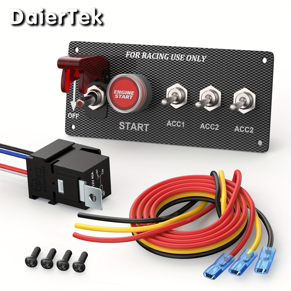 5-in-1 Ignition Switch Panel 12V 30A – Push Start Button Racing Toggle Switch Kit, Aluminum Carbon Fiber Panel for Car Truck Boat RV Race