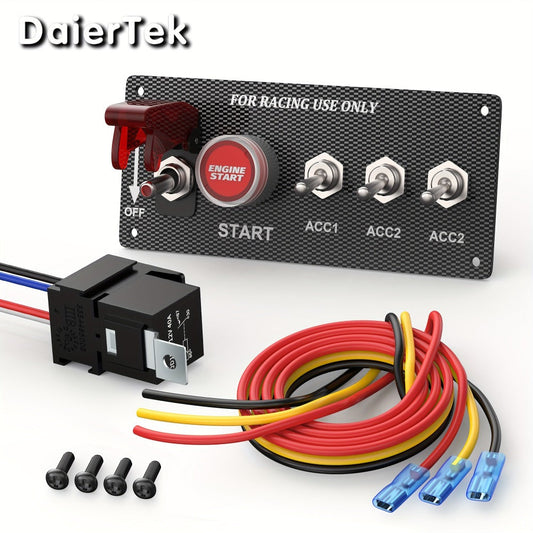 5-in-1 Ignition Switch Panel 12V 30A – Push Start Button Racing Toggle Switch Kit, Aluminum Carbon Fiber Panel for Car Truck Boat RV Race