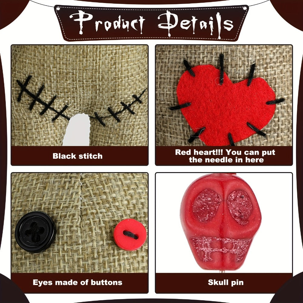 Voodoo Doll Set with 7 Skull Pins, 8-Piece Horror Ghost Doll Kit, Revenge Stress Creepy Doll Pin Holder for Adults (Flaxen)