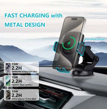 15W Auto-Clamping Wireless Car Phone Mount with Dashboard Suction Base and Blue or Gold Finish