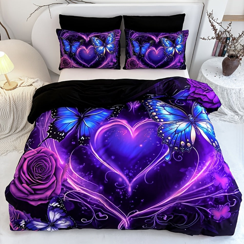3-Piece Duvet Cover Set with Purple Butterfly, Rose and Heart Print, Zipper Closure and Four Sizes