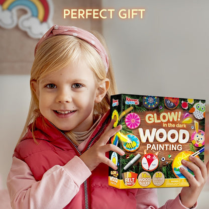 Kids Painting Kit Glow in the Dark, Wood Slice Arts & Crafts Set Ages 6+ with 16 Wood Slices, Felt
