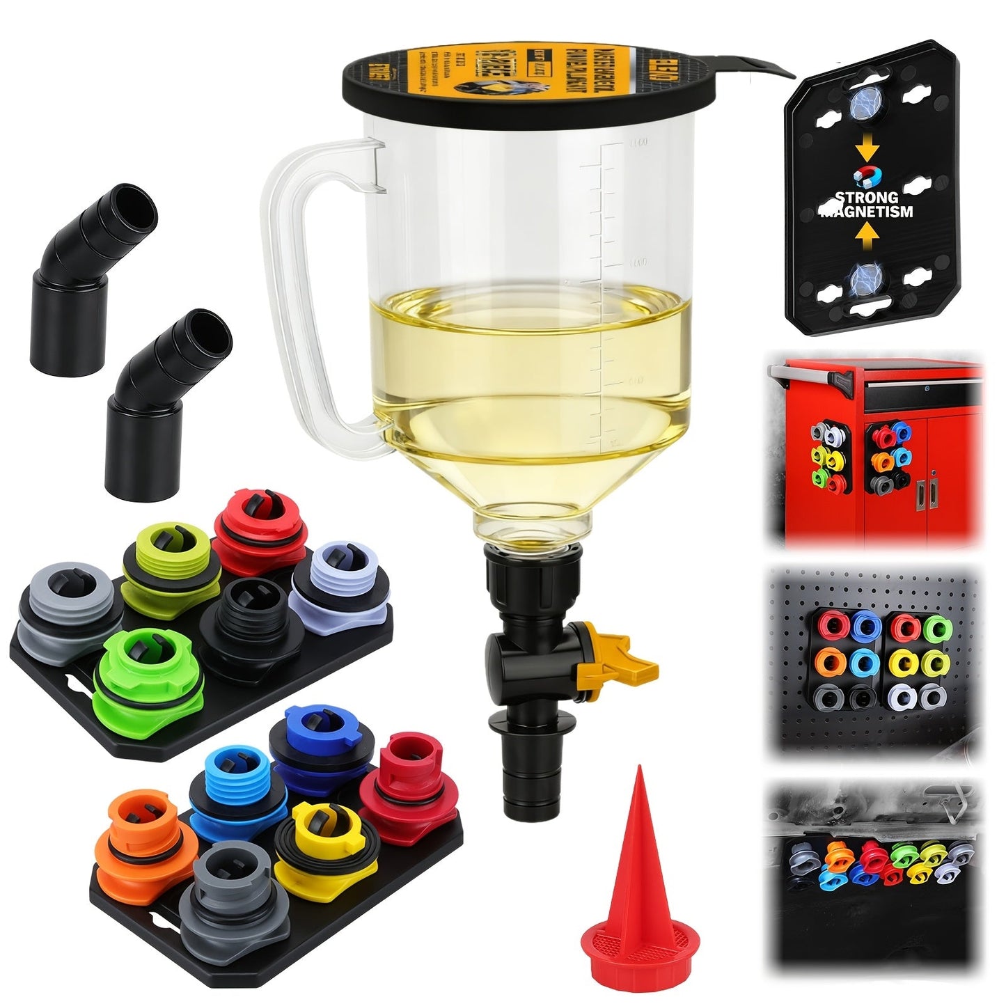 Engine Oil Funnel Kit 19Pcs – No-Spill Coolant Funnel Set with 12 Universal Adapters, 1.5L Capacity, Magnetic Tray for Oil Change Car