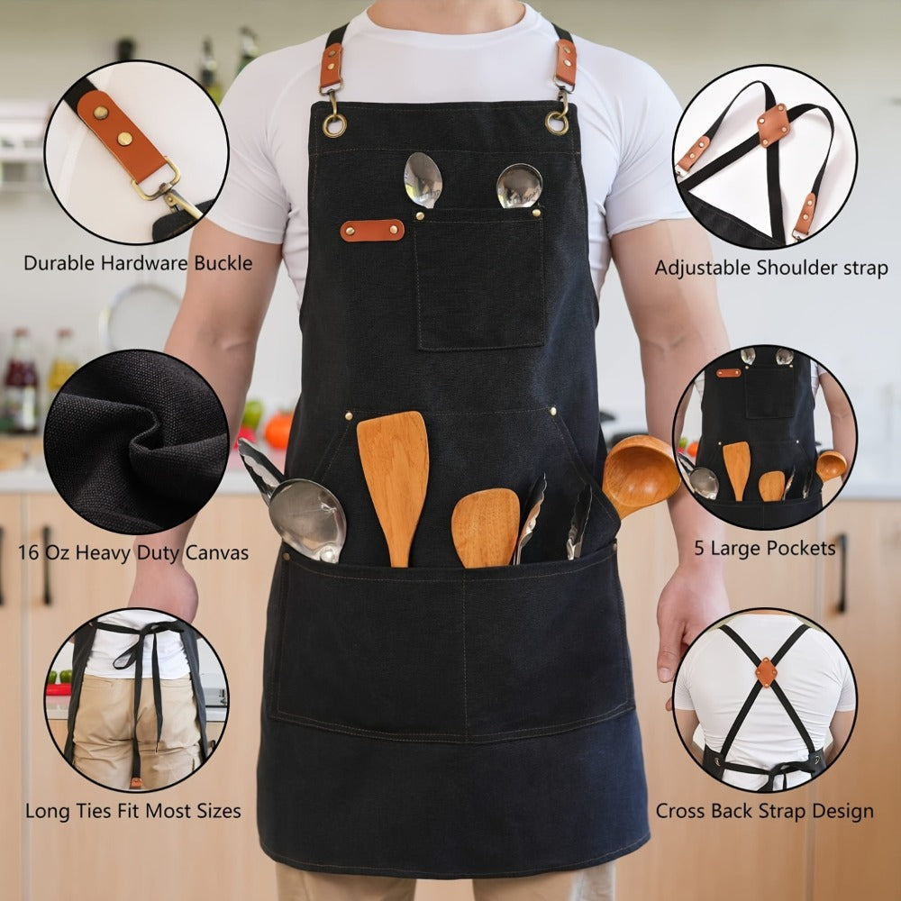 Chef Apron Crossback Canvas Work Apron with Extra Large Pockets for Men Women – Professional Kitchen Cooking BBQ Gardening Workshop Bib