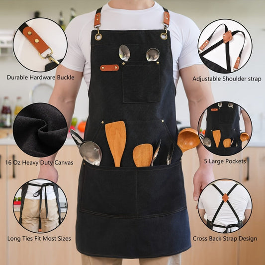 Chef Apron Crossback Canvas Work Apron with Extra Large Pockets for Men Women – Professional Kitchen Cooking BBQ Gardening Workshop Bib