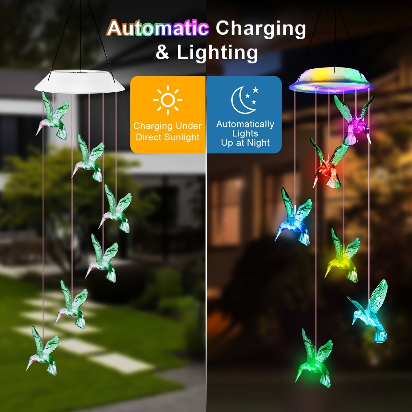 Solar Hummingbird Butterfly Pendant Light 6 LED Color, for Garden, Pathway and Patio Lighting