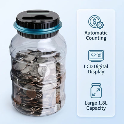 Digital Coin Counting Bank with LCD Counter, Large 60.87oz Transparent Money Jar for Kids & Adults