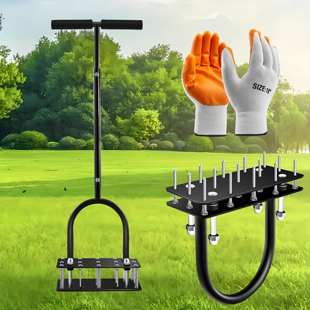 Self-Cleaning Lawn Aerator with 14 Iron Spikes – Spring-Loaded Auto-Clean Mechanism for Leaves & Dirt, Manual Soil Loosening Tool for Patio