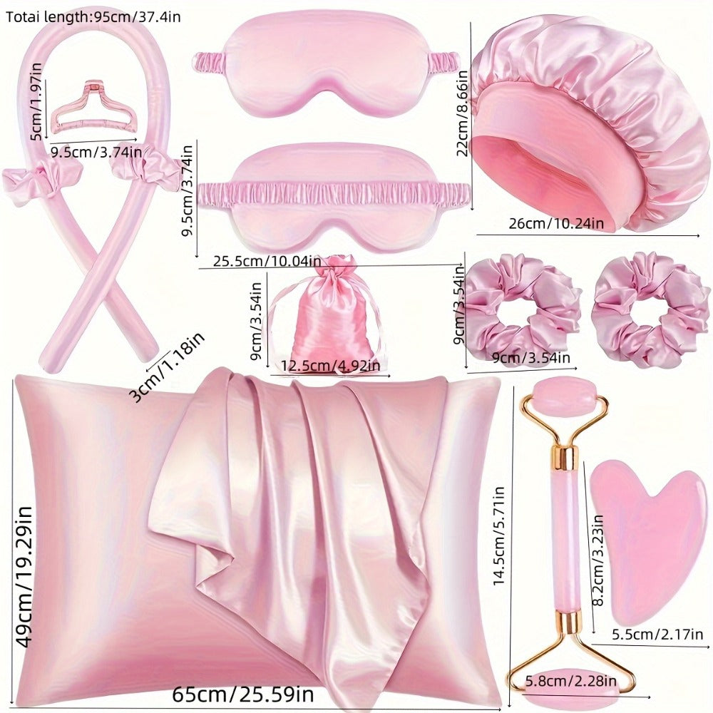 Heatless Curling Set 12pcs Overnight Sleep Hair Curlers Satin Sleep Cap Eye Mask Facial Roller Hairband Storage Bag No Heat Damage