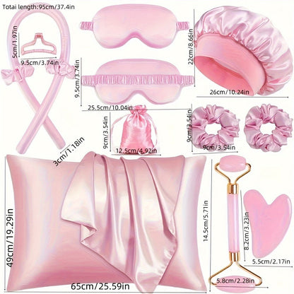 Heatless Curling Set 12pcs Overnight Sleep Hair Curlers Satin Sleep Cap Eye Mask Facial Roller Hairband Storage Bag No Heat Damage