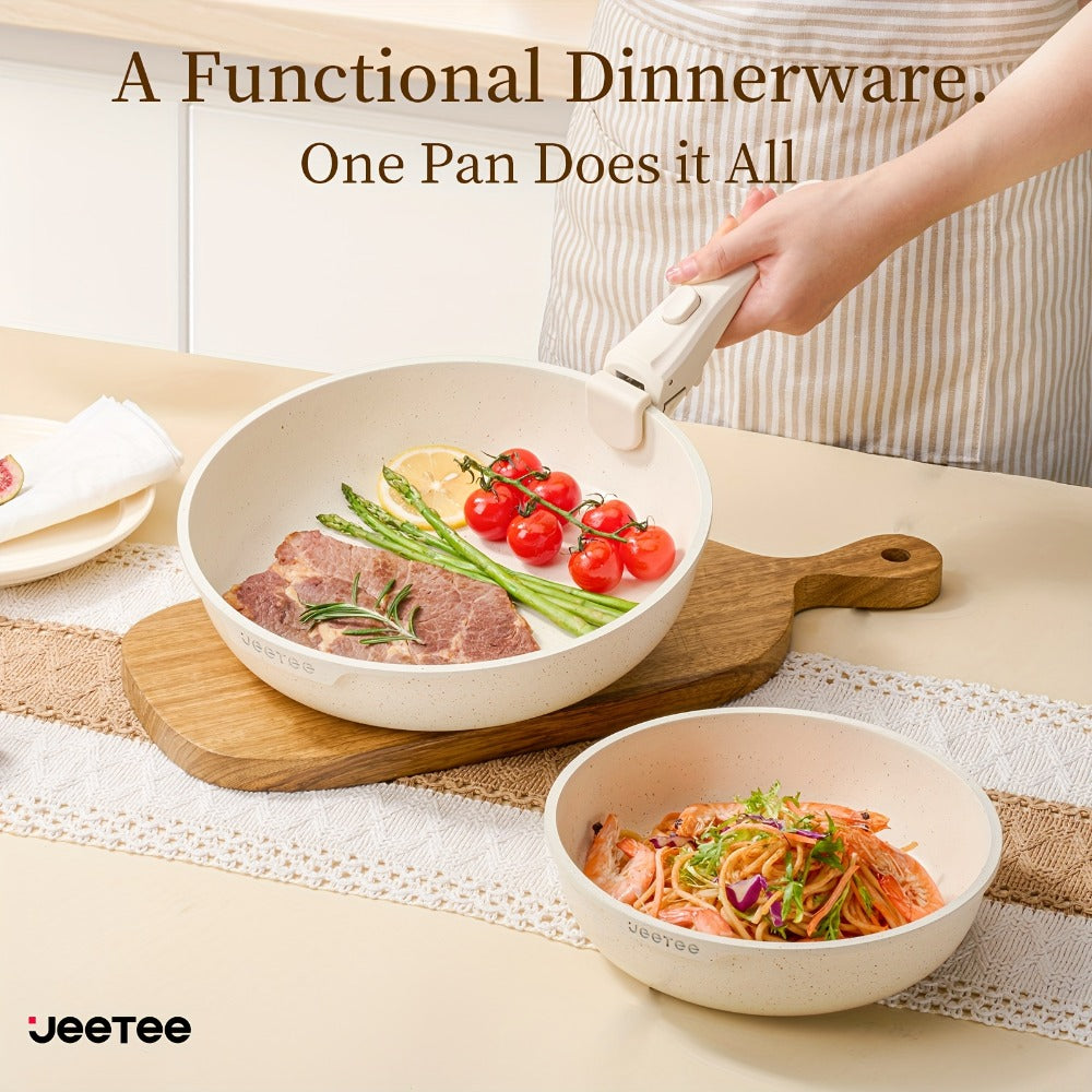 Cookware Set A Dinnerware 16- or 26-Piece Detachable-Handle Pots and Pans in Black or Beige for Compact Storage