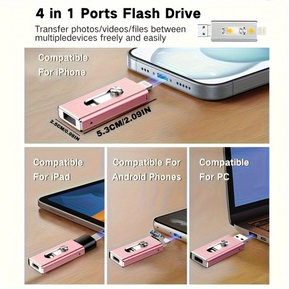 USB Flash Drive 64GB Compact Aluminum-Alloy Four-Connector Memory Stick in Black or Gold Color Options