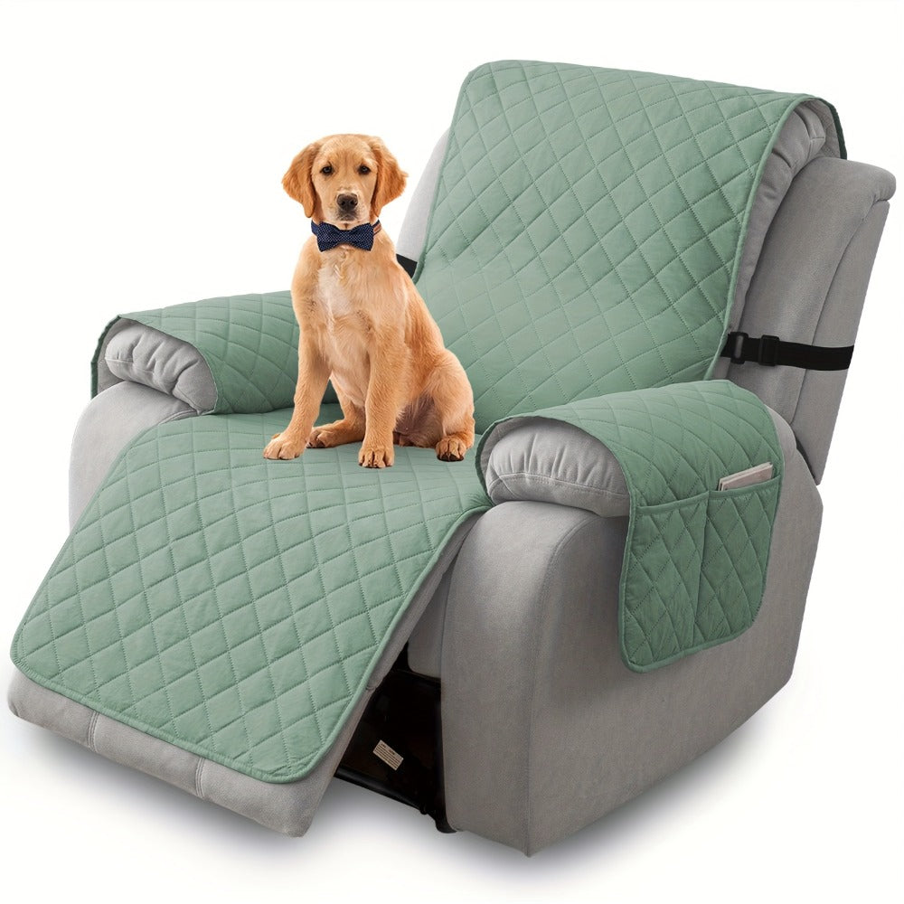 One-Piece Quilted Recliner Chair Cover with Wide Arm Wings, Back Strap and Eight Color Options