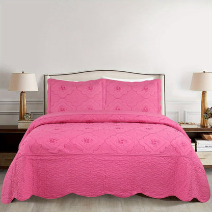 Quilt Set 3 Piece Floral Embroidery Bedspread – 100% Polyester Wrinkle Resistant Lightweight Quilted Coverlet with 2 Pillow Shams for Full