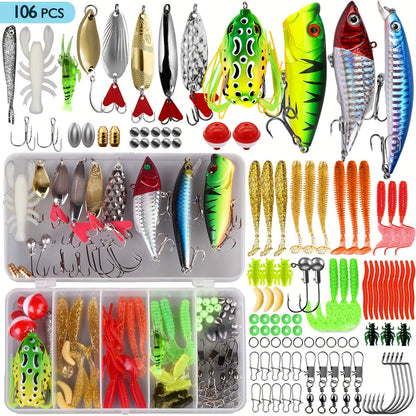 Fishing Lures Kit 78/106/188/361pcs Complete Freshwater Tackle Set with Spoon Lures Soft Plastic Worms Crankbaits Jig Hooks Tackle Box