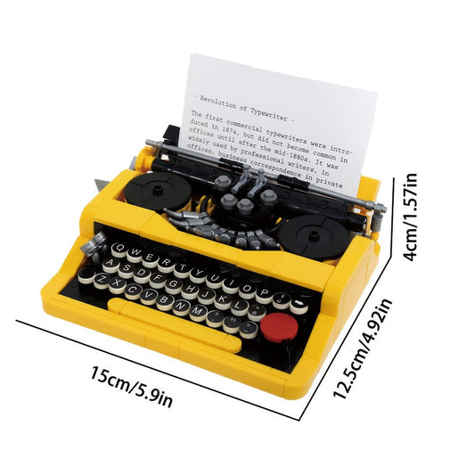 Vintage Typewriter Building Block Model Kit with Yellow Base, Paper Holder and Pictured 15 x 12.5 x 4 cm Size