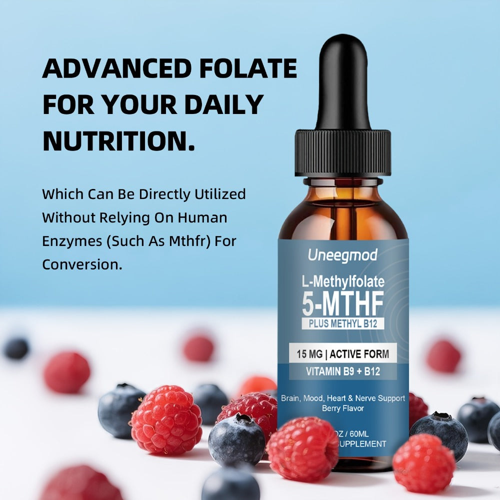 L-Methylfolate 15mg Liquid Drops 2fl oz with Methylated B12, Active 5-MTHF for Brain, Heart & Nervous System Health