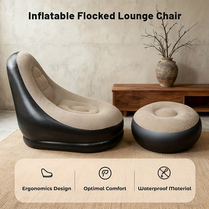 Inflatable Recliner Sofa with Footstool Set – Heavy Duty Portable Folding Air Couch with Plush Fabric & Pump Included