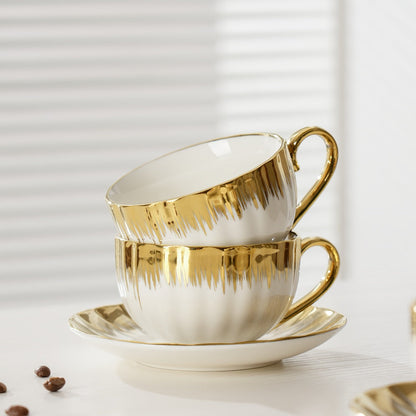 European Ceramic Coffee Cup and Saucer Set of 6 – Light Luxury 8.45oz Porcelain Tea Cups with Plates | Elegant Floral Dinnerware for Wedding