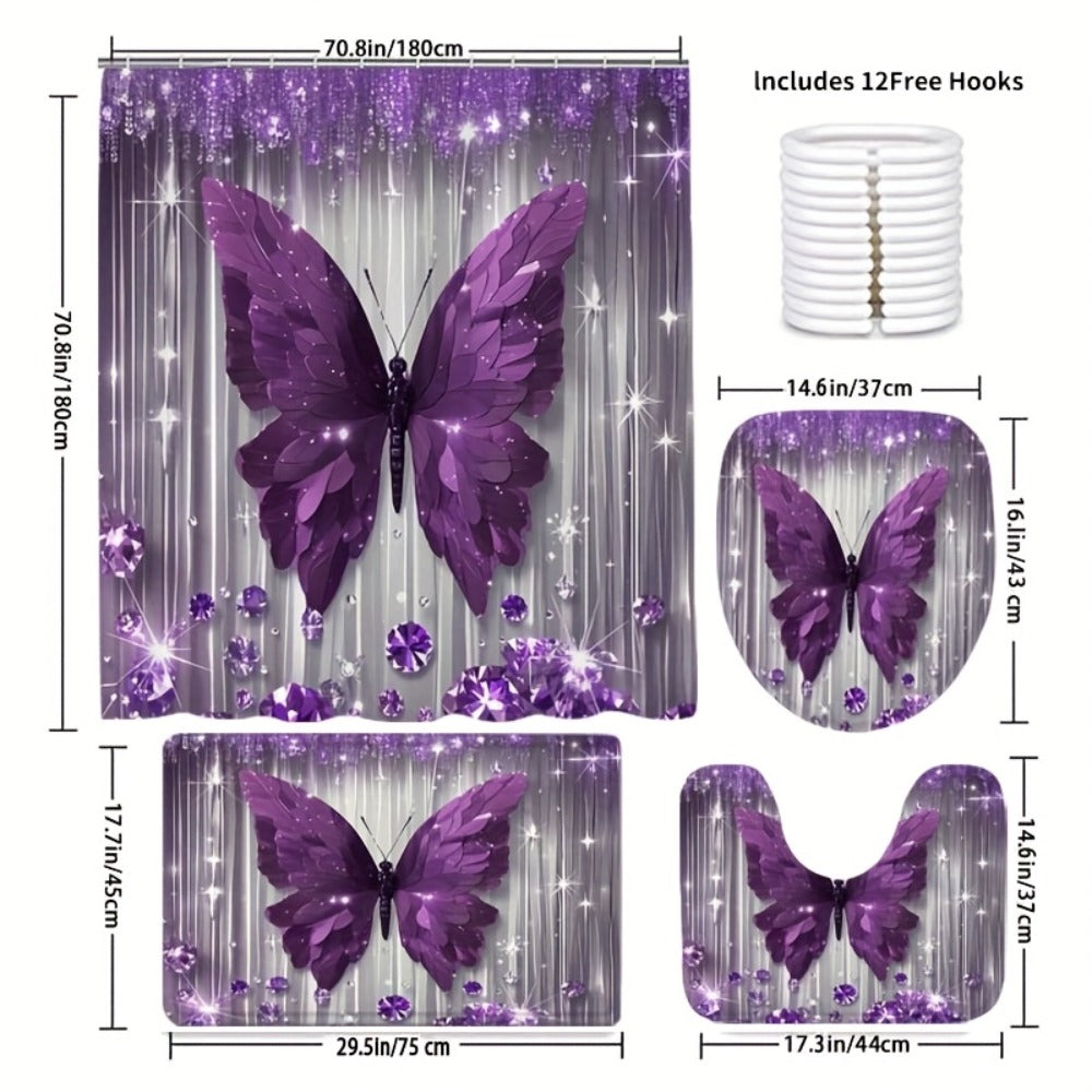 Butterfly-Print Shower Curtain with Four Colors and Single-Curtain or Four-Piece Bathroom Set Options